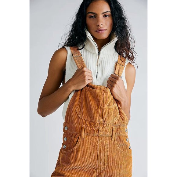 NWT Free People Ziggy Corduroy Bib Overalls Relaxed Fit in Tan LARGE - Picture 3 of 8